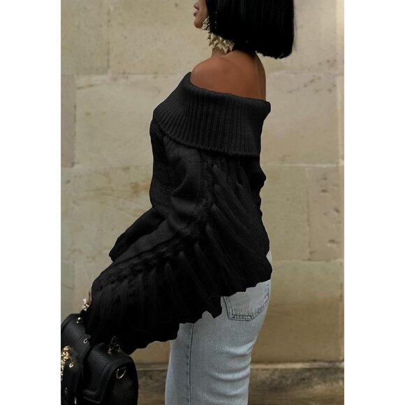 Women’s Black Unybwonn Off Shoulder Tassel Knit Cropped Y2K Sweater - Picture 6 of 6